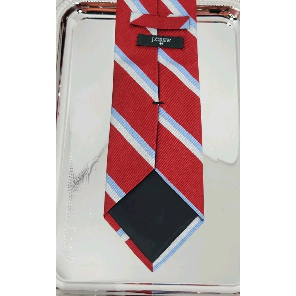 J. Crew Repp Tie Red, White & Powder Blue Stripe 100% Silk Necktie 60